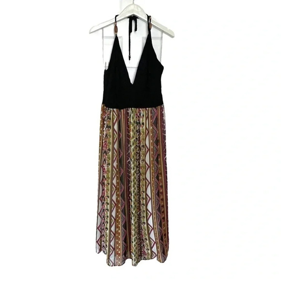 Mlle Gabrielle 1X black halter upper maxi sundress dress with boho print bottom - Picture 1 of 7